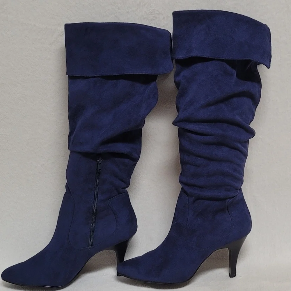 90s Vintage Skechers Blue Faux Suede Cuffed Tapered Heel Knee High Slouch Boots